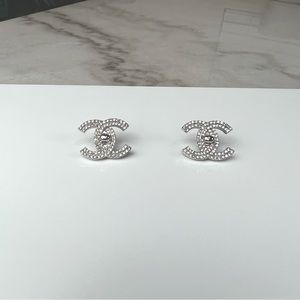 Chanel Silver Swarovski Crystal Signature CC Lock Earrings